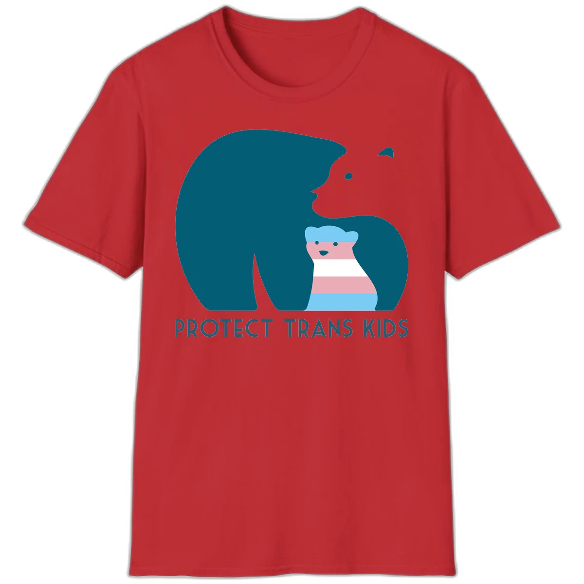 Illustration of large protective bear with small colorful striped cub inside, text reads 'Protect Trans Kids' in teal in Red