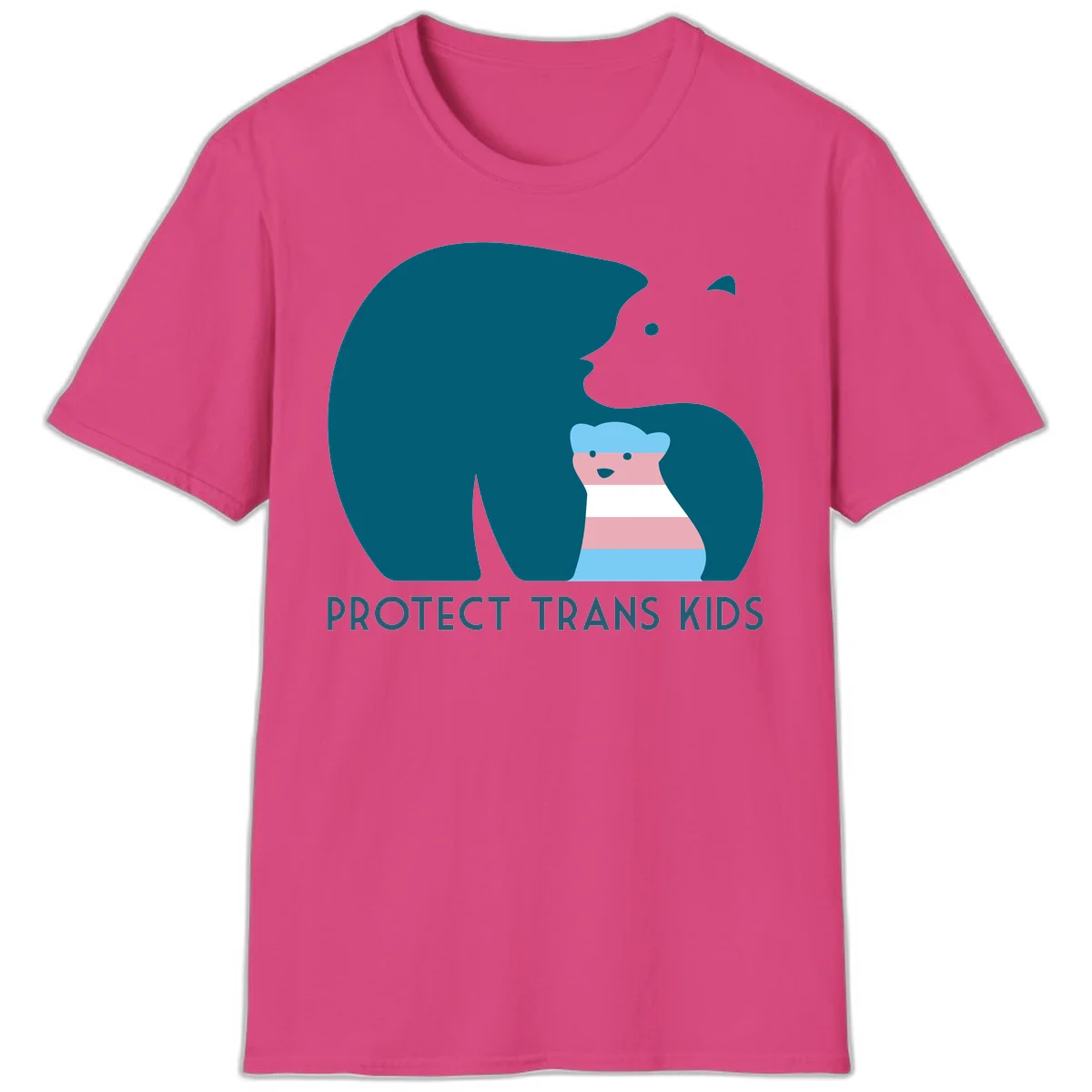 Illustration of large protective bear with small colorful striped cub inside, text reads 'Protect Trans Kids' in teal in Heliconia