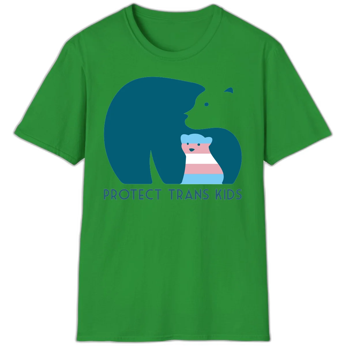 Illustration of large protective bear with small colorful striped cub inside, text reads 'Protect Trans Kids' in teal in Irish Green