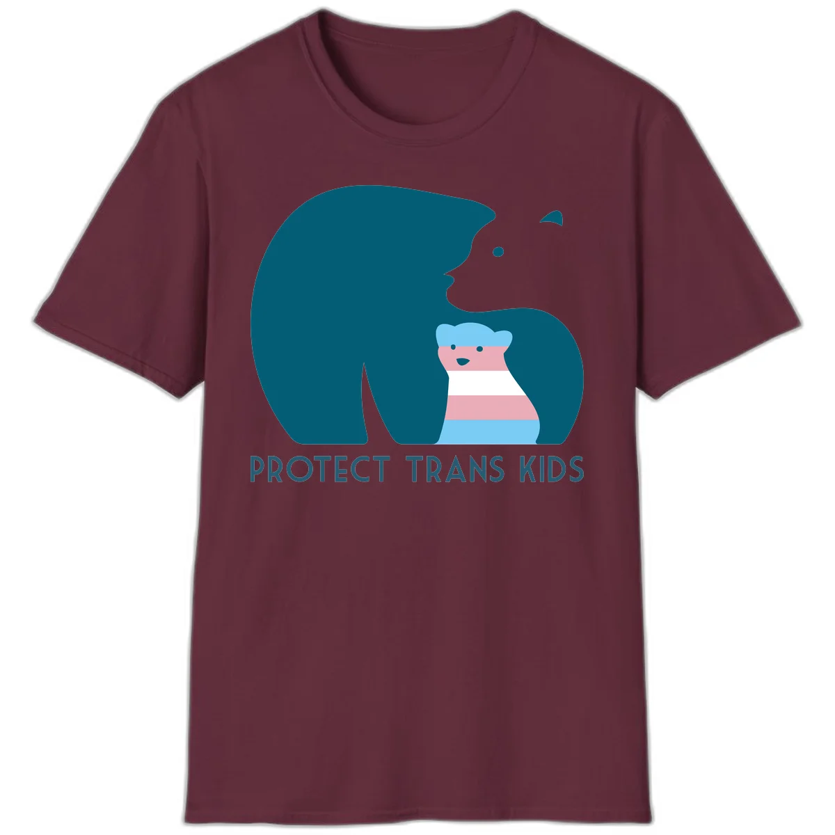 Illustration of large protective bear with small colorful striped cub inside, text reads 'Protect Trans Kids' in teal in Maroon