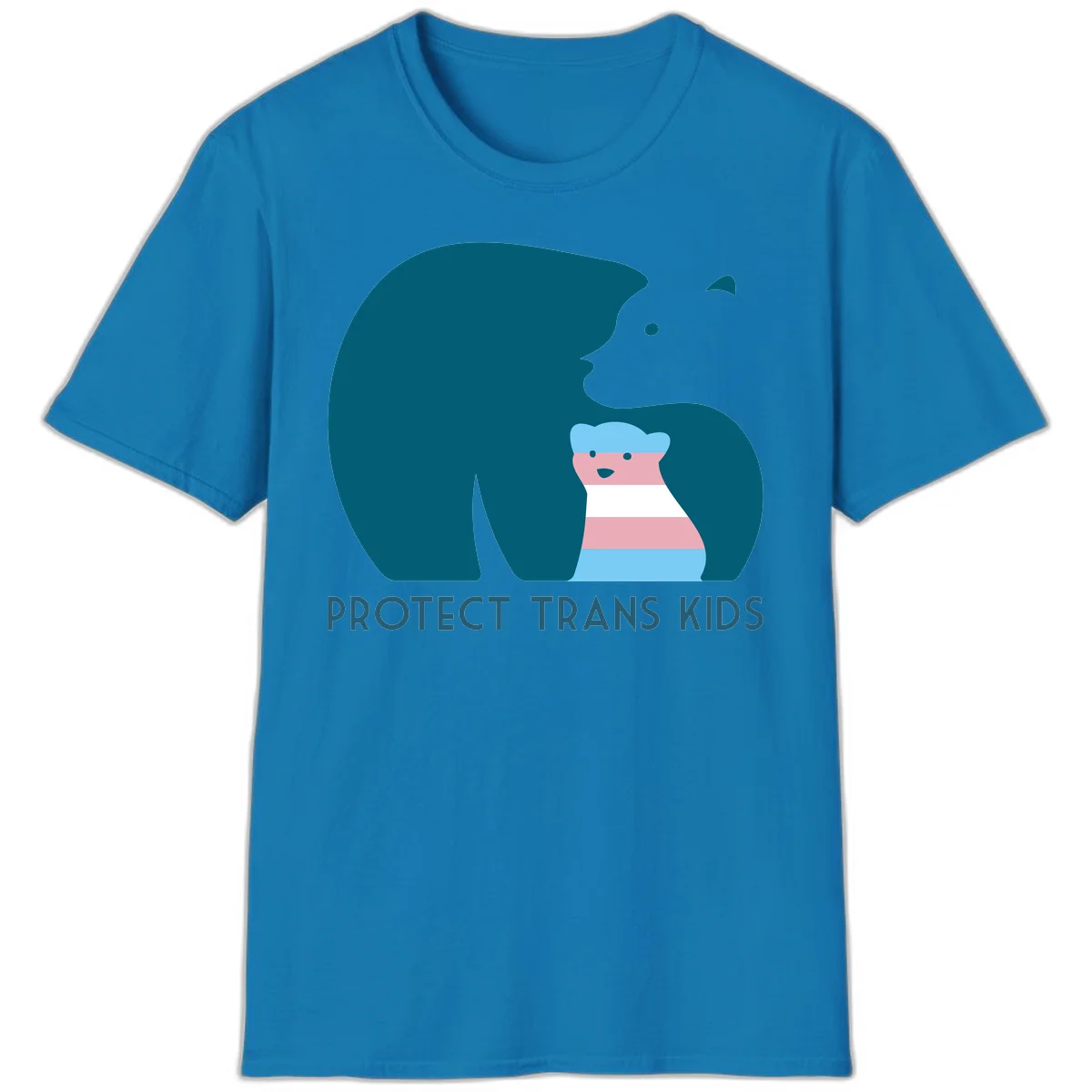 Illustration of large protective bear with small colorful striped cub inside, text reads 'Protect Trans Kids' in teal in Sapphire