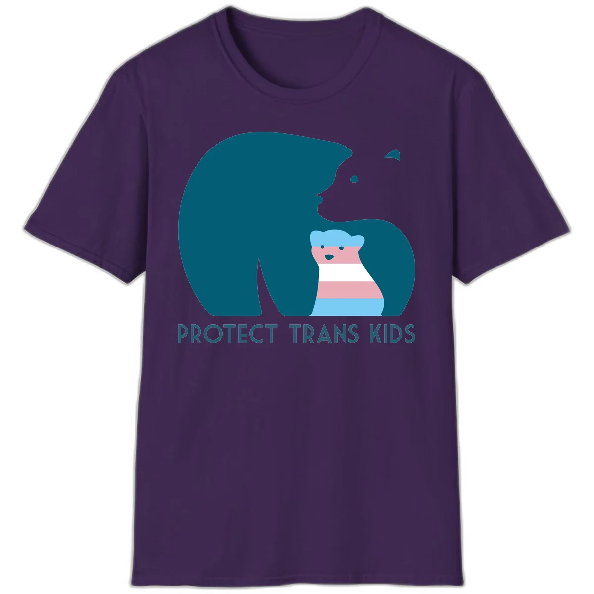 Illustration of large protective bear with small colorful striped cub inside, text reads 'Protect Trans Kids' in teal in Purple