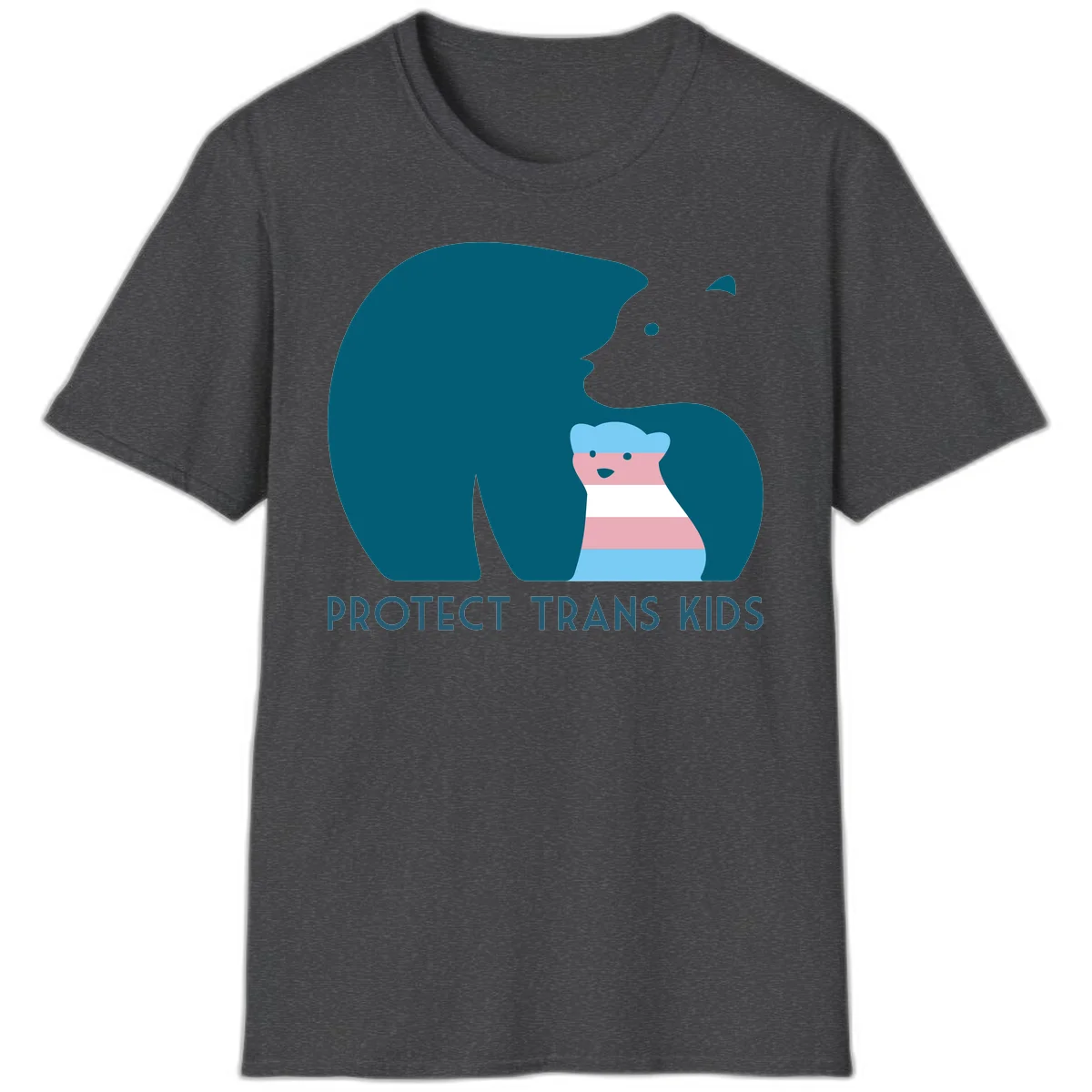 Illustration of large protective bear with small colorful striped cub inside, text reads 'Protect Trans Kids' in teal in Dark Heather