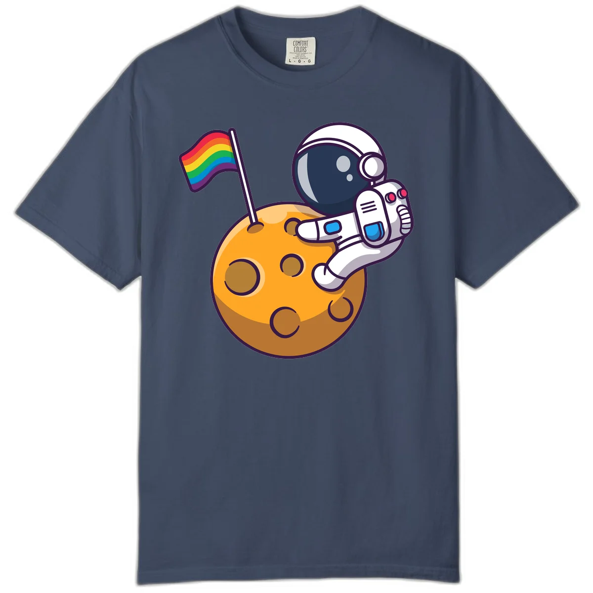 Astronaut in space suit holding rainbow pride flag on moon with craters and stars in Midnight