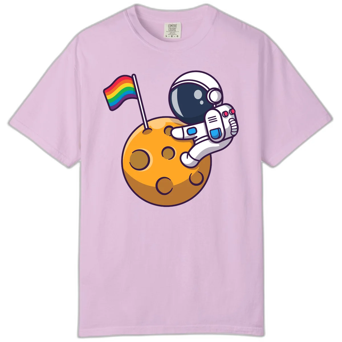 Astronaut in space suit holding rainbow pride flag on moon with craters and stars in Orchid