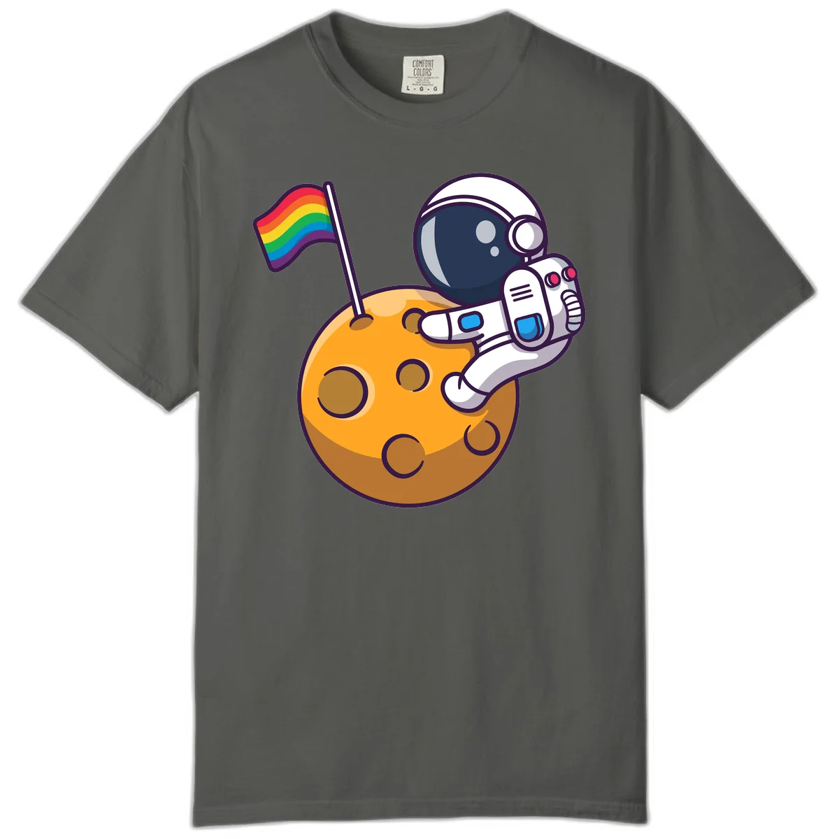 Astronaut in space suit holding rainbow pride flag on moon with craters and stars in Pepper