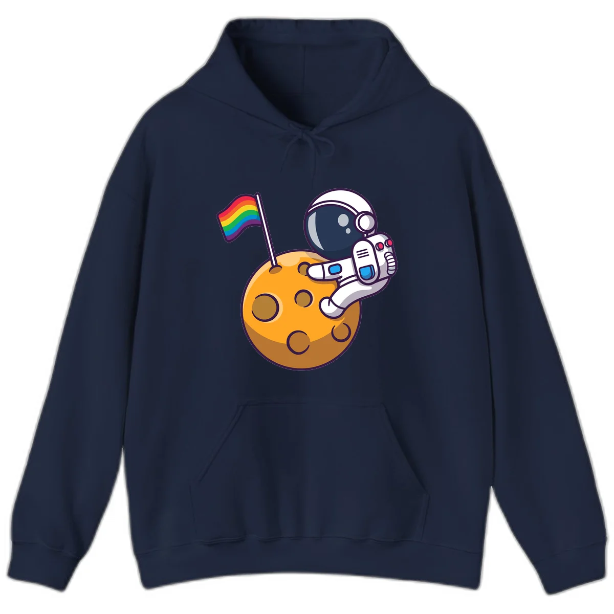Astronaut in space suit holding rainbow pride flag on moon with craters and stars in Navy