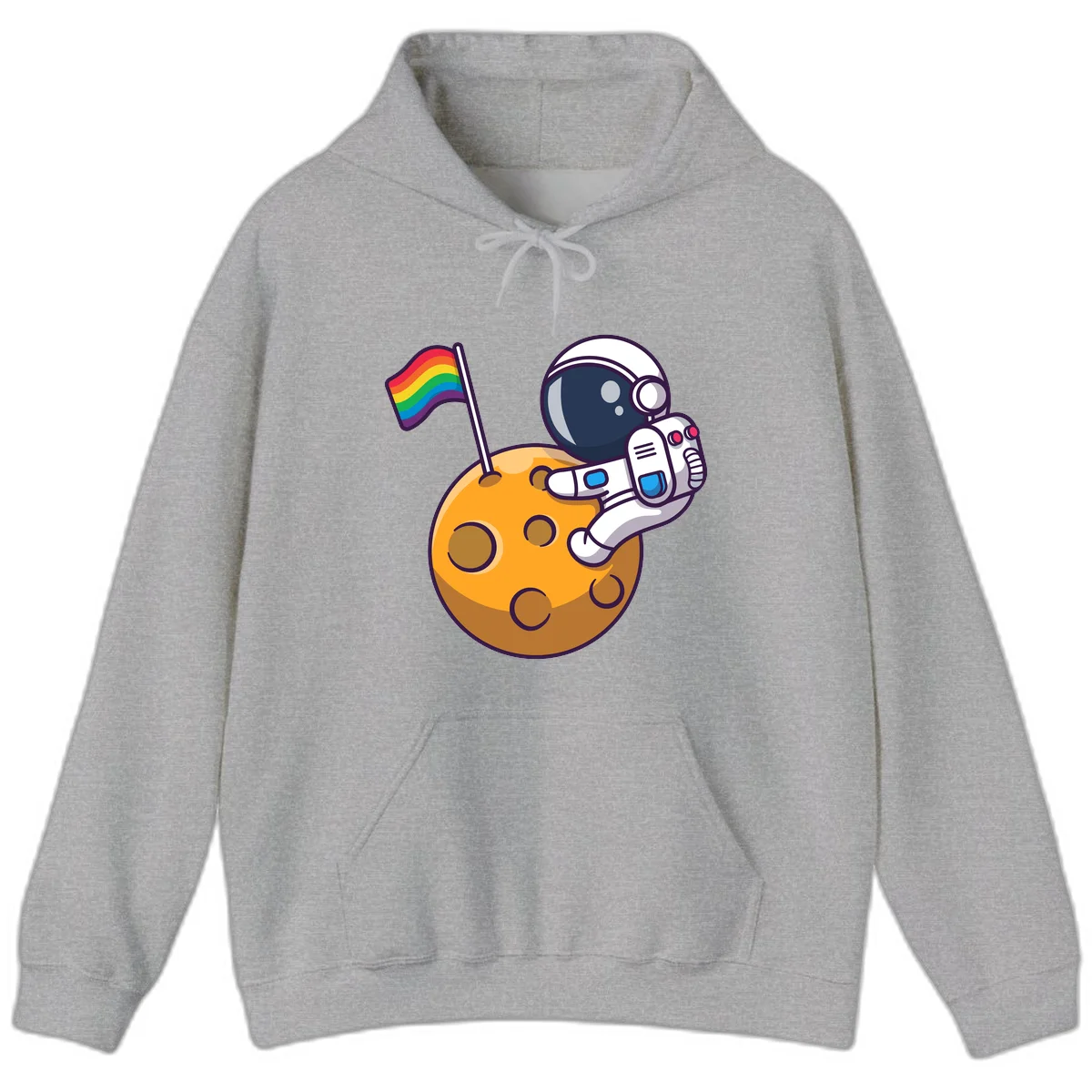 Astronaut in space suit holding rainbow pride flag on moon with craters and stars in Sport Grey