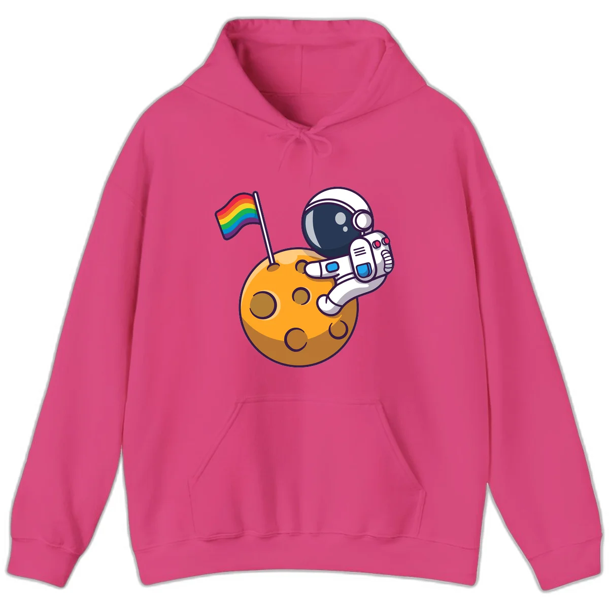 Astronaut in space suit holding rainbow pride flag on moon with craters and stars in Heliconia