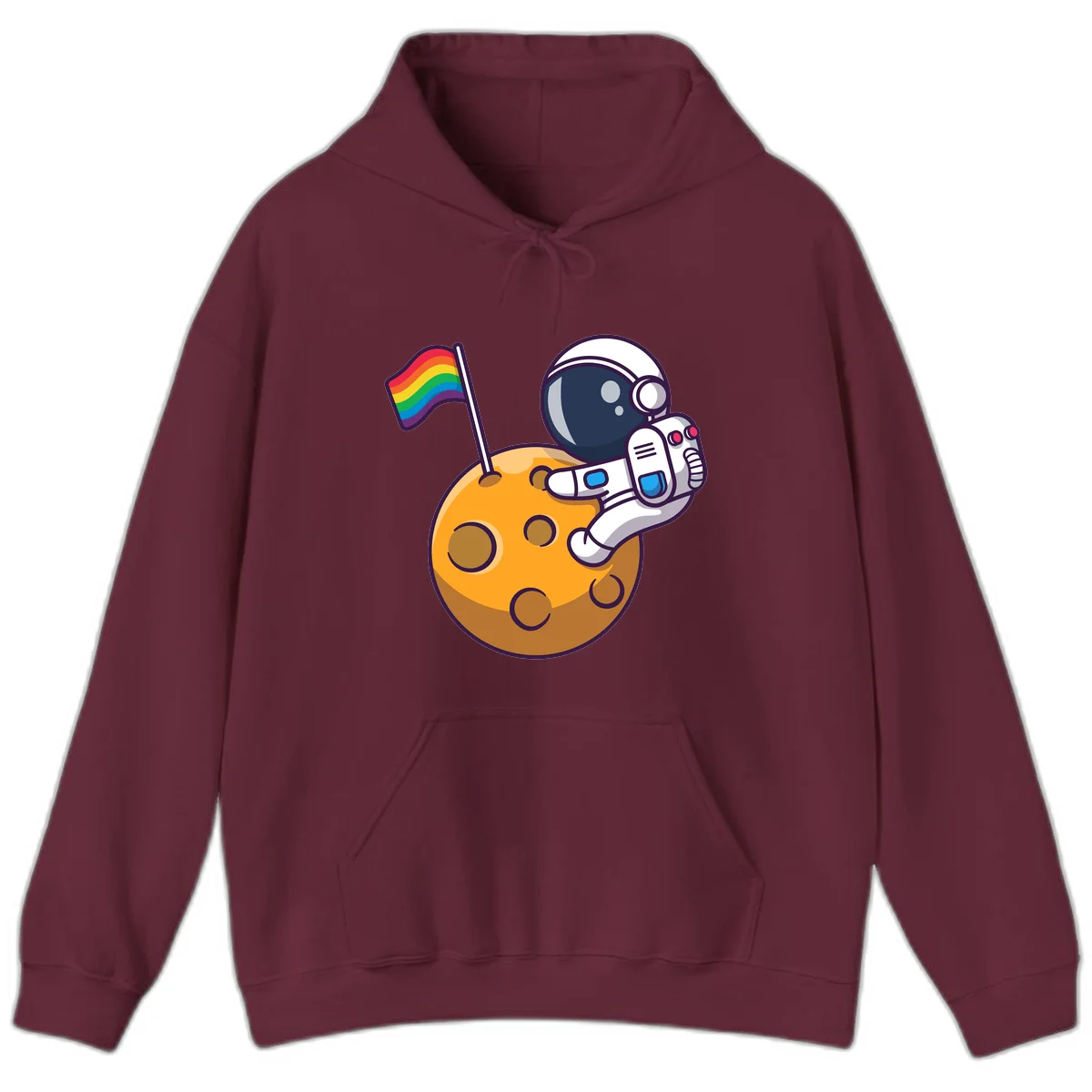 Astronaut in space suit holding rainbow pride flag on moon with craters and stars in Maroon
