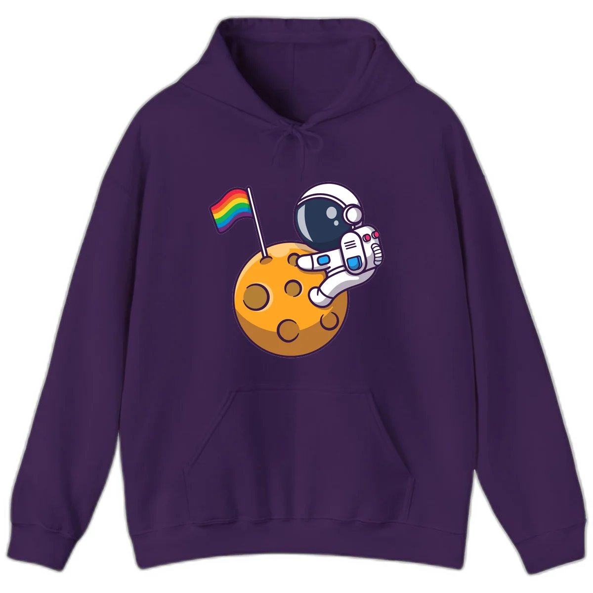 Astronaut in space suit holding rainbow pride flag on moon with craters and stars in Purple