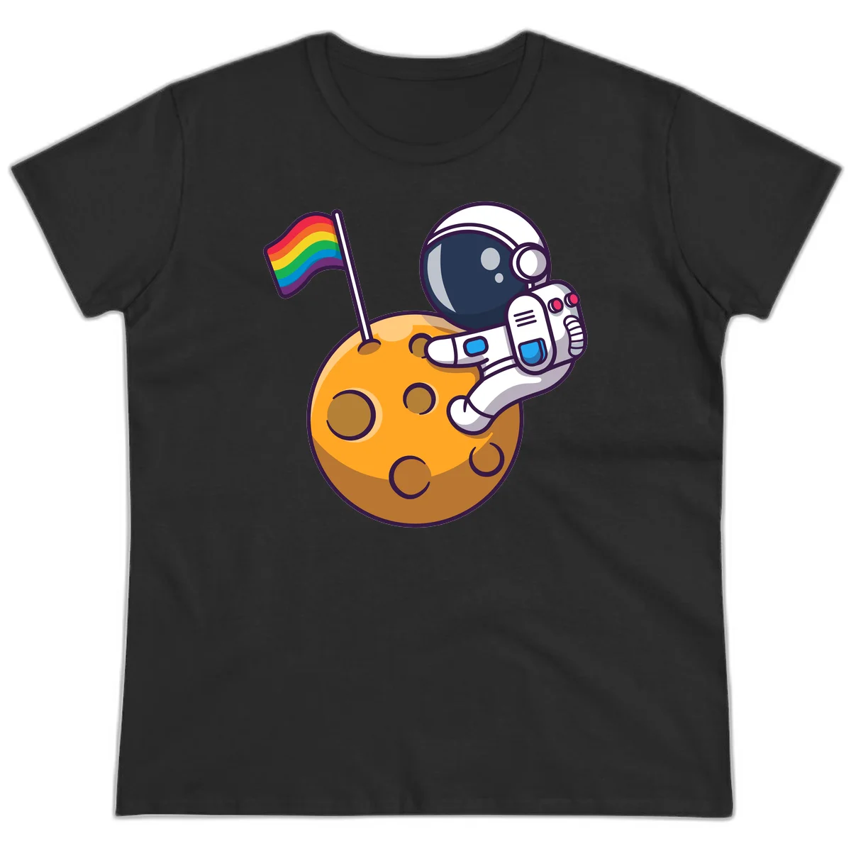 Astronaut in space suit holding rainbow pride flag on moon with craters and stars in Black