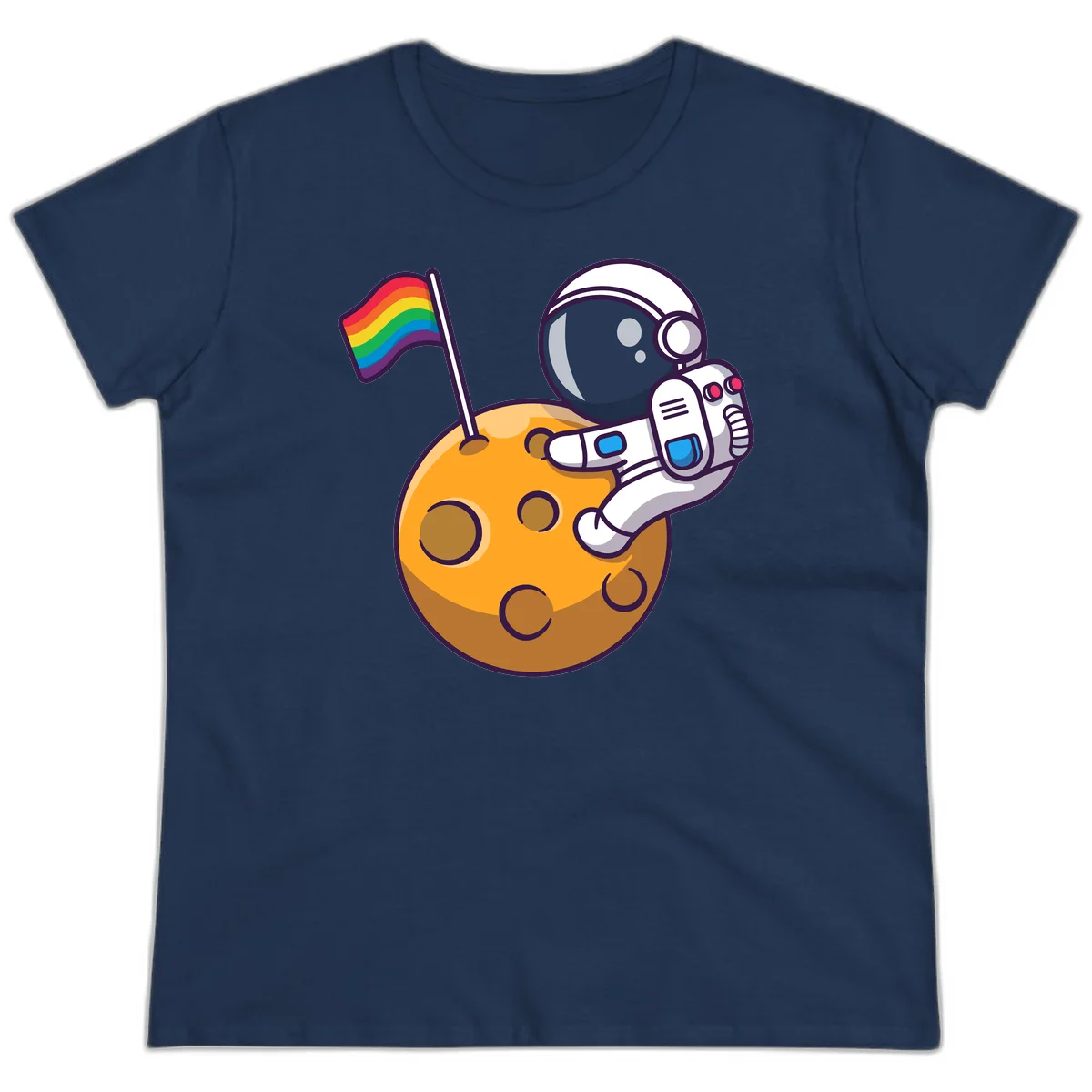 Astronaut in space suit holding rainbow pride flag on moon with craters and stars in Navy
