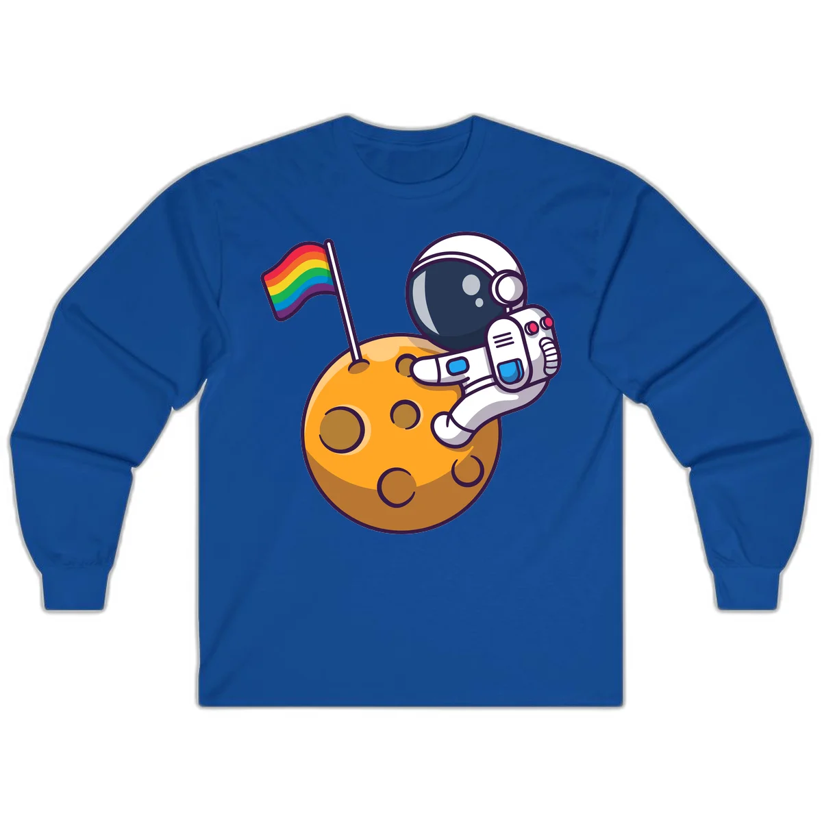 Astronaut in space suit holding rainbow pride flag on moon with craters and stars in Royal