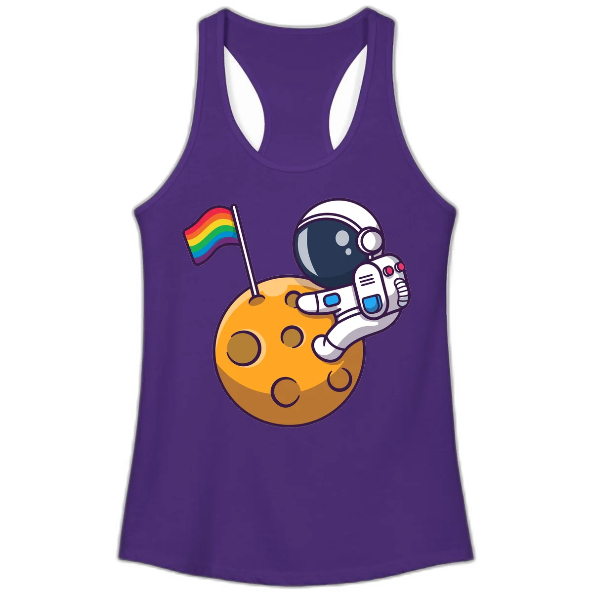 Astronaut in space suit holding rainbow pride flag on moon with craters and stars in Solid Purple Rush