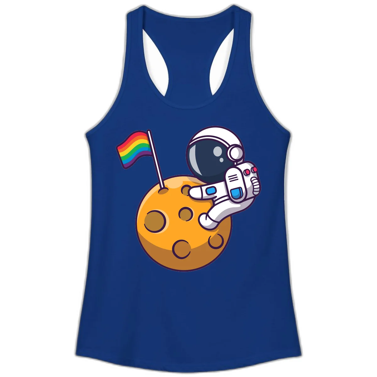 Astronaut in space suit holding rainbow pride flag on moon with craters and stars in Solid Royal
