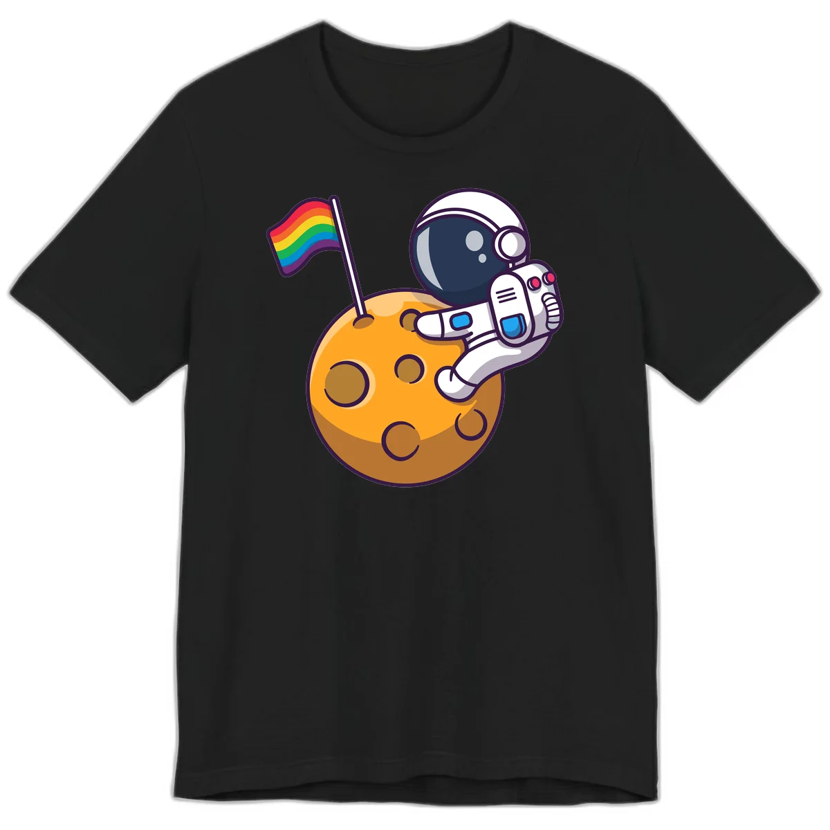 Astronaut in space suit holding rainbow pride flag on moon with craters and stars in Black