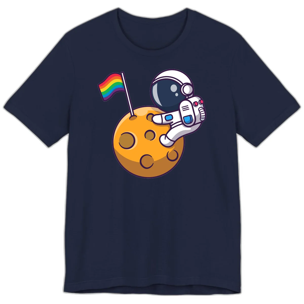 Astronaut in space suit holding rainbow pride flag on moon with craters and stars in Navy