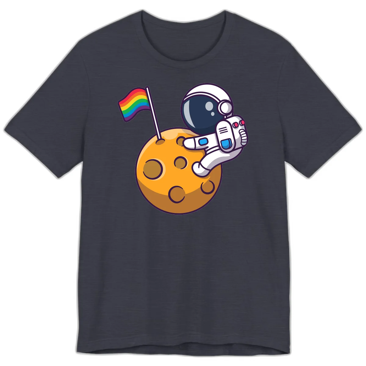 Astronaut in space suit holding rainbow pride flag on moon with craters and stars in Heather Midnight Navy