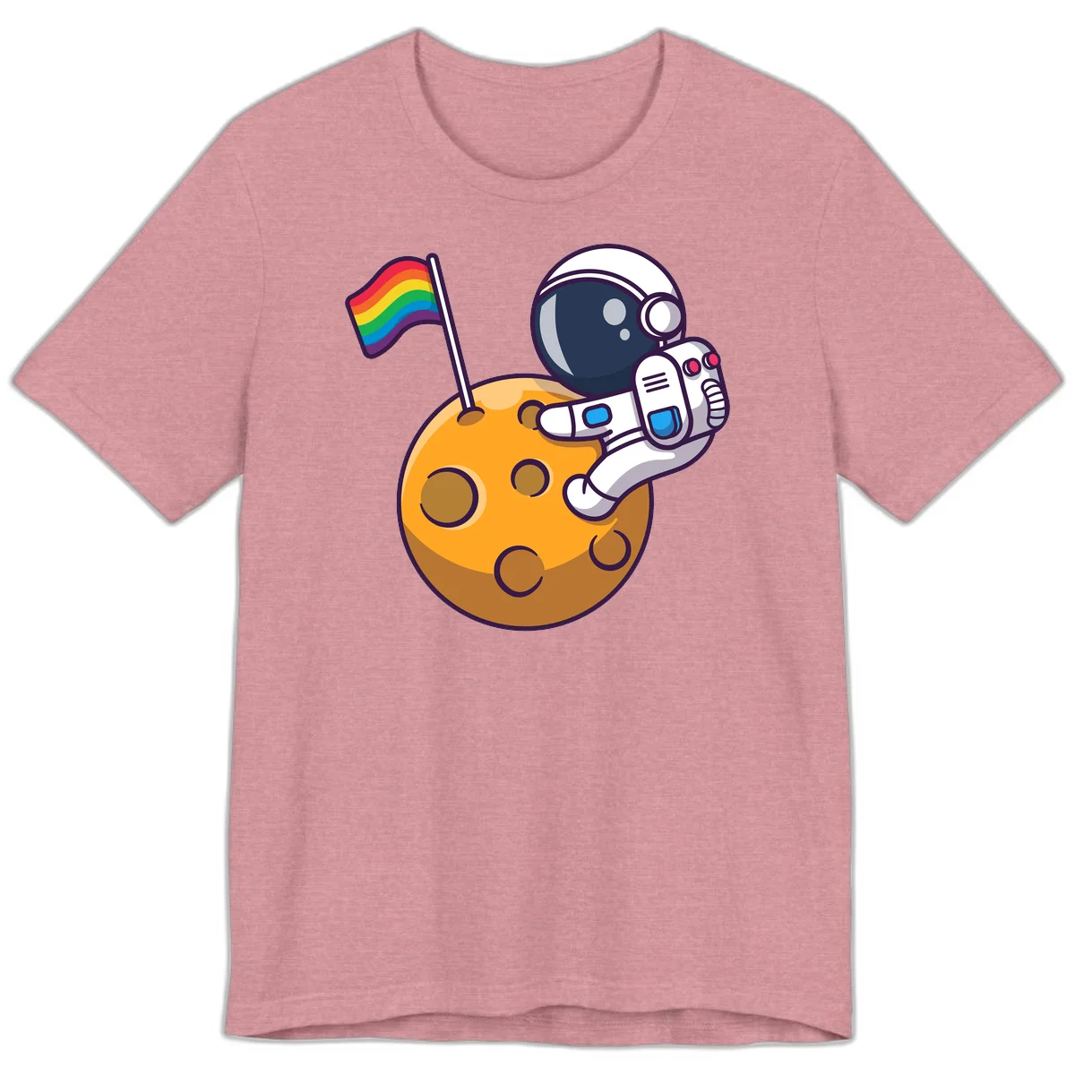 Astronaut in space suit holding rainbow pride flag on moon with craters and stars in Heather Orchid