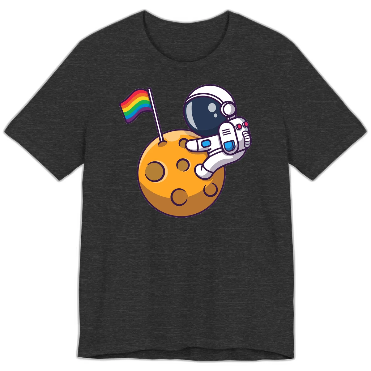 Astronaut in space suit holding rainbow pride flag on moon with craters and stars in Dark Grey Heather