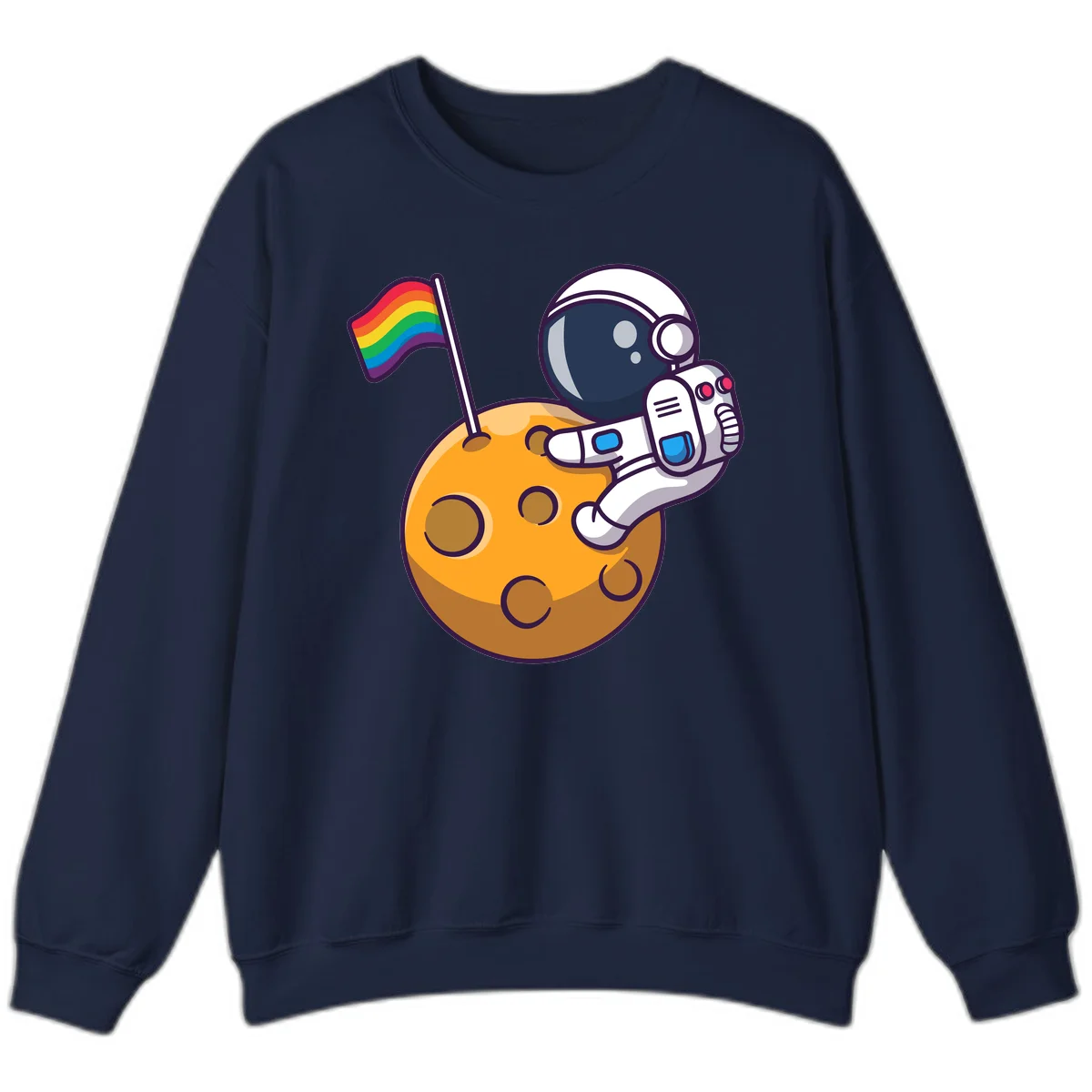 Astronaut in space suit holding rainbow pride flag on moon with craters and stars in Navy