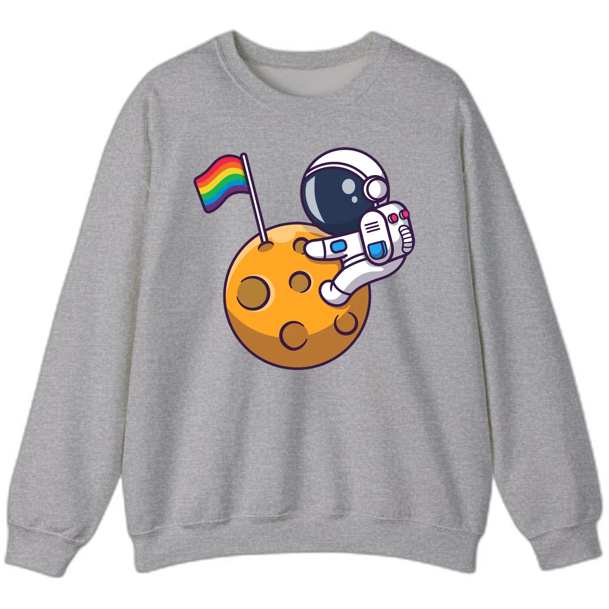 Astronaut in space suit holding rainbow pride flag on moon with craters and stars in Sport Grey