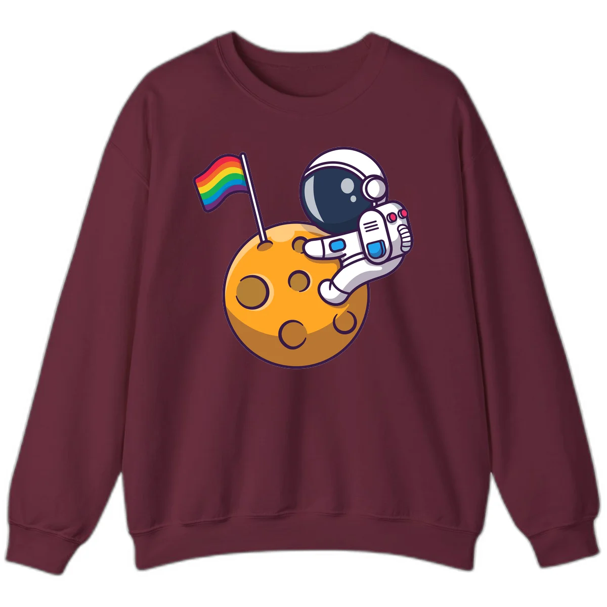 Astronaut in space suit holding rainbow pride flag on moon with craters and stars in Maroon