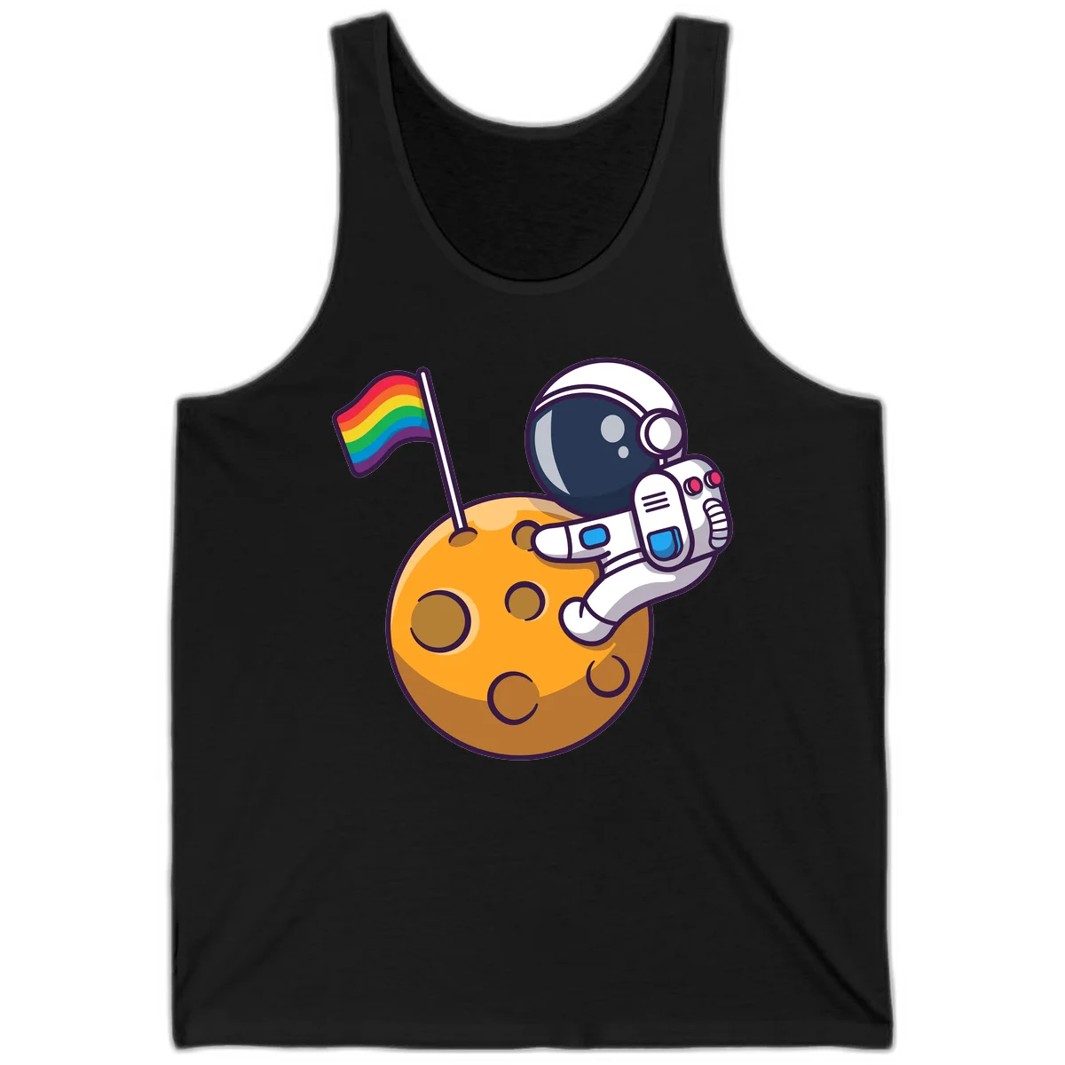 Astronaut in space suit holding rainbow pride flag on moon with craters and stars in Black