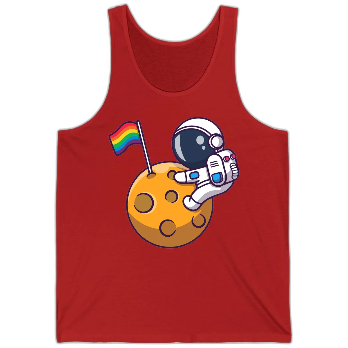 Astronaut in space suit holding rainbow pride flag on moon with craters and stars in Red