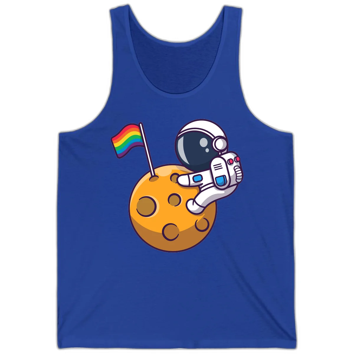 Astronaut in space suit holding rainbow pride flag on moon with craters and stars in True Royal
