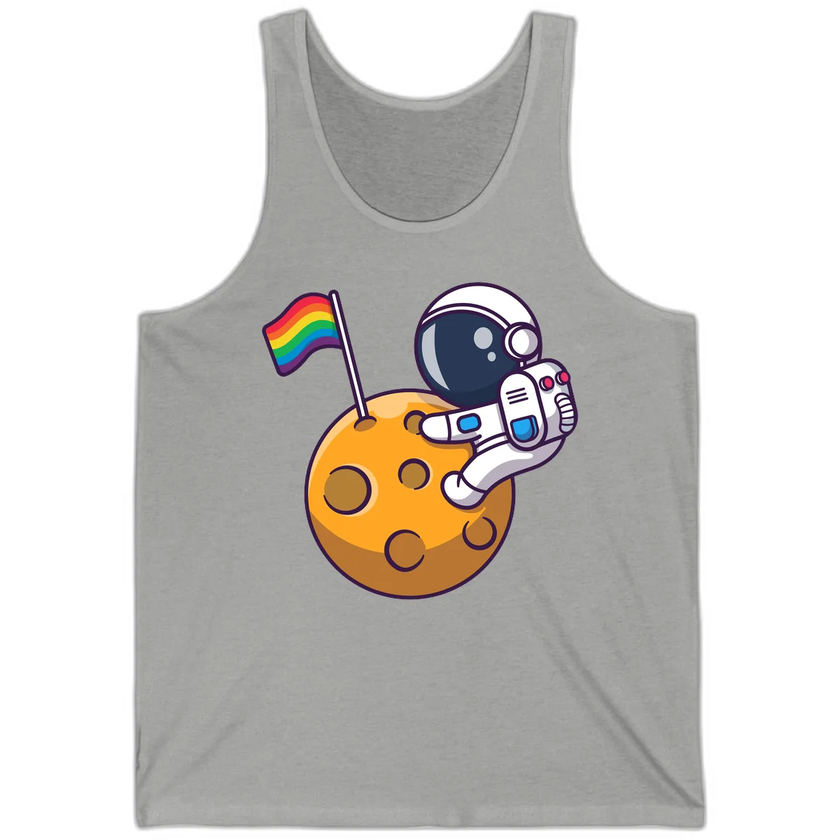 Astronaut in space suit holding rainbow pride flag on moon with craters and stars in Athletic Heather
