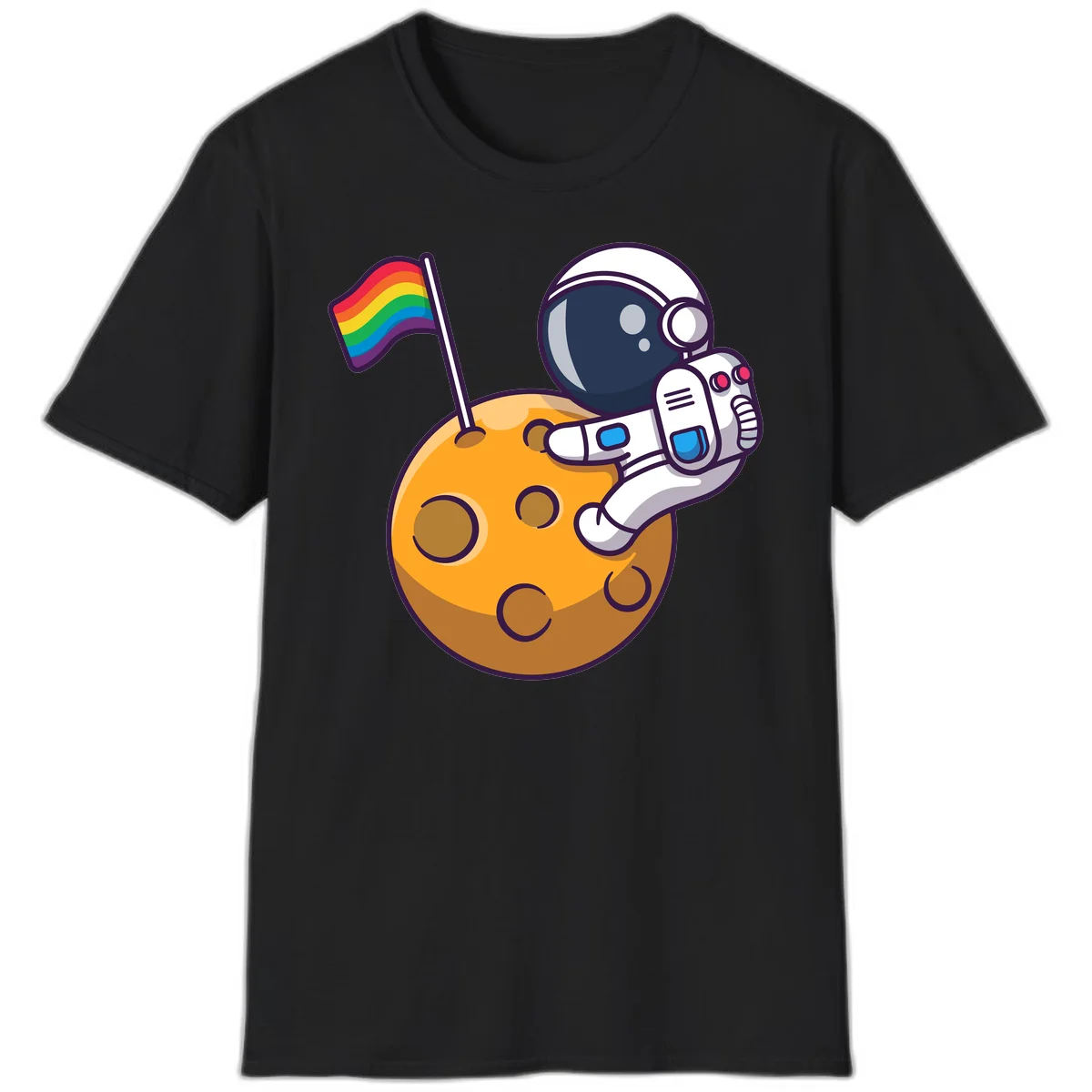 Astronaut in space suit holding rainbow pride flag on moon with craters and stars in Black