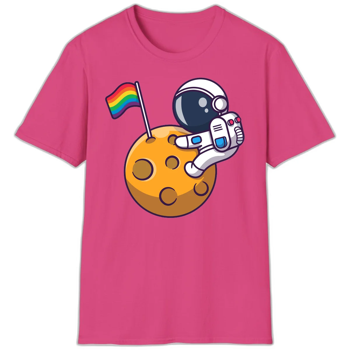 Astronaut in space suit holding rainbow pride flag on moon with craters and stars in Heliconia