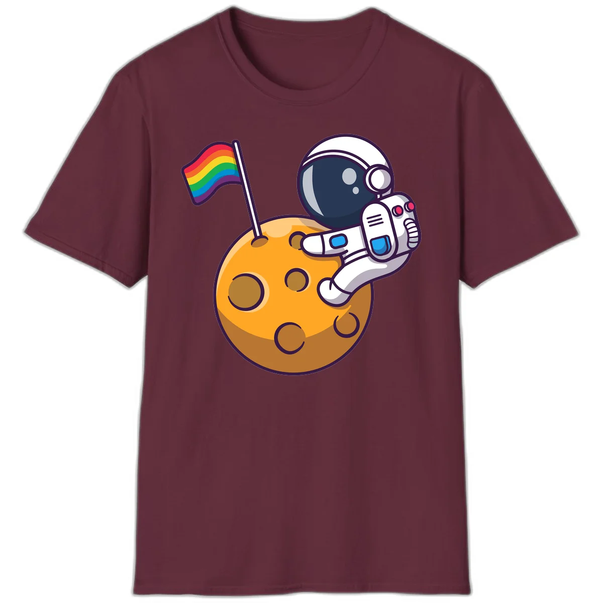 Astronaut in space suit holding rainbow pride flag on moon with craters and stars in Maroon