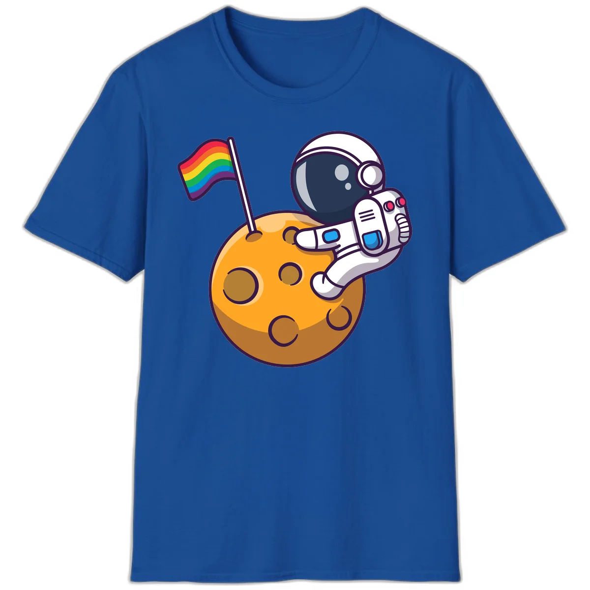 Astronaut in space suit holding rainbow pride flag on moon with craters and stars in Royal