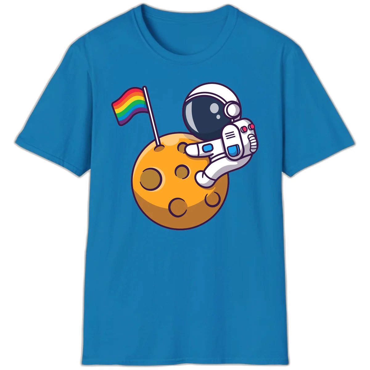 Astronaut in space suit holding rainbow pride flag on moon with craters and stars in Sapphire