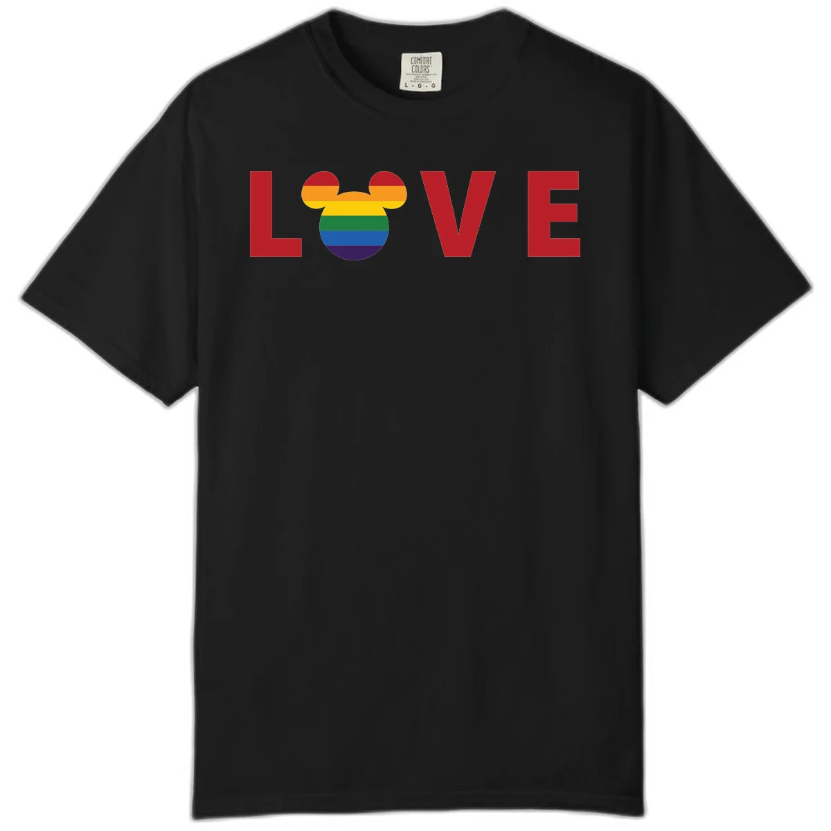 Love Pride Mouse Ears design featuring bold red LOVE text with rainbow-striped Mickey Mouse head combining Disney and LGBTQ Pride imagery in Black