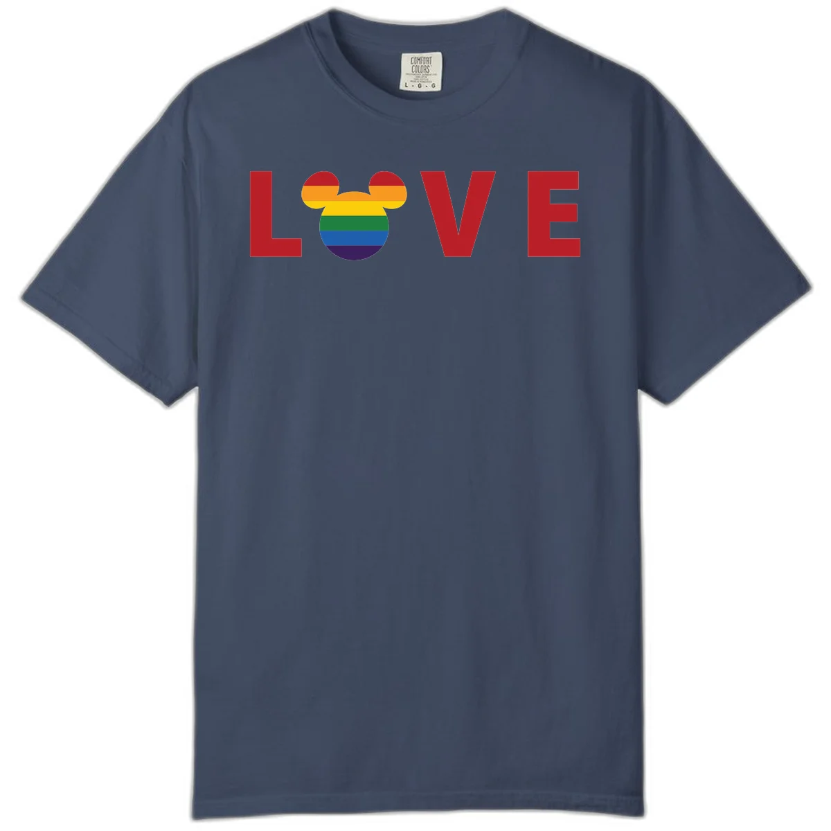 Love Pride Mouse Ears design featuring bold red LOVE text with rainbow-striped Mickey Mouse head combining Disney and LGBTQ Pride imagery in Midnight