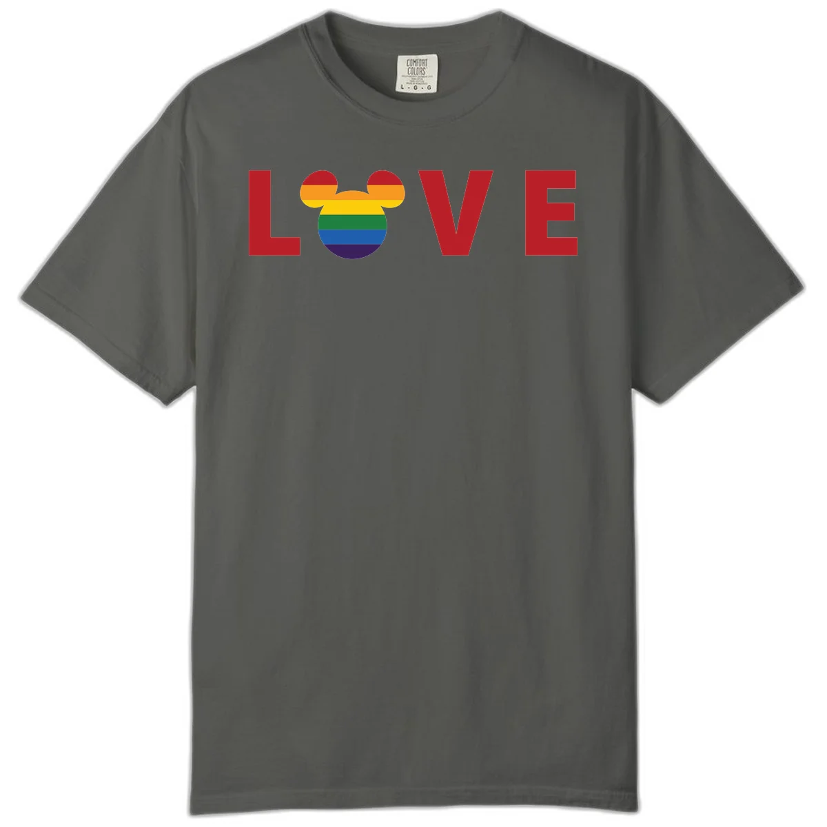 Love Pride Mouse Ears design featuring bold red LOVE text with rainbow-striped Mickey Mouse head combining Disney and LGBTQ Pride imagery in Pepper