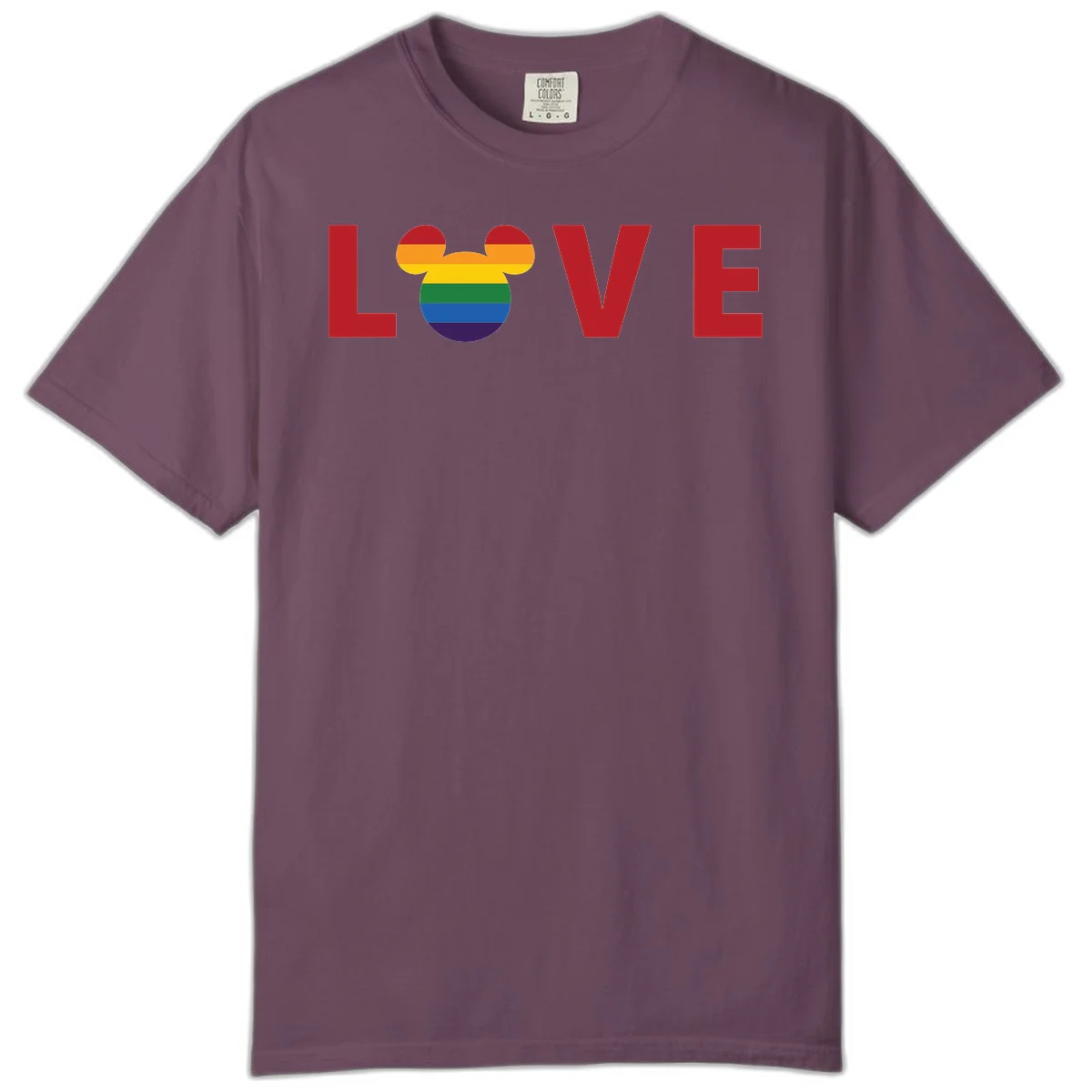 Love Pride Mouse Ears design featuring bold red LOVE text with rainbow-striped Mickey Mouse head combining Disney and LGBTQ Pride imagery in Berry