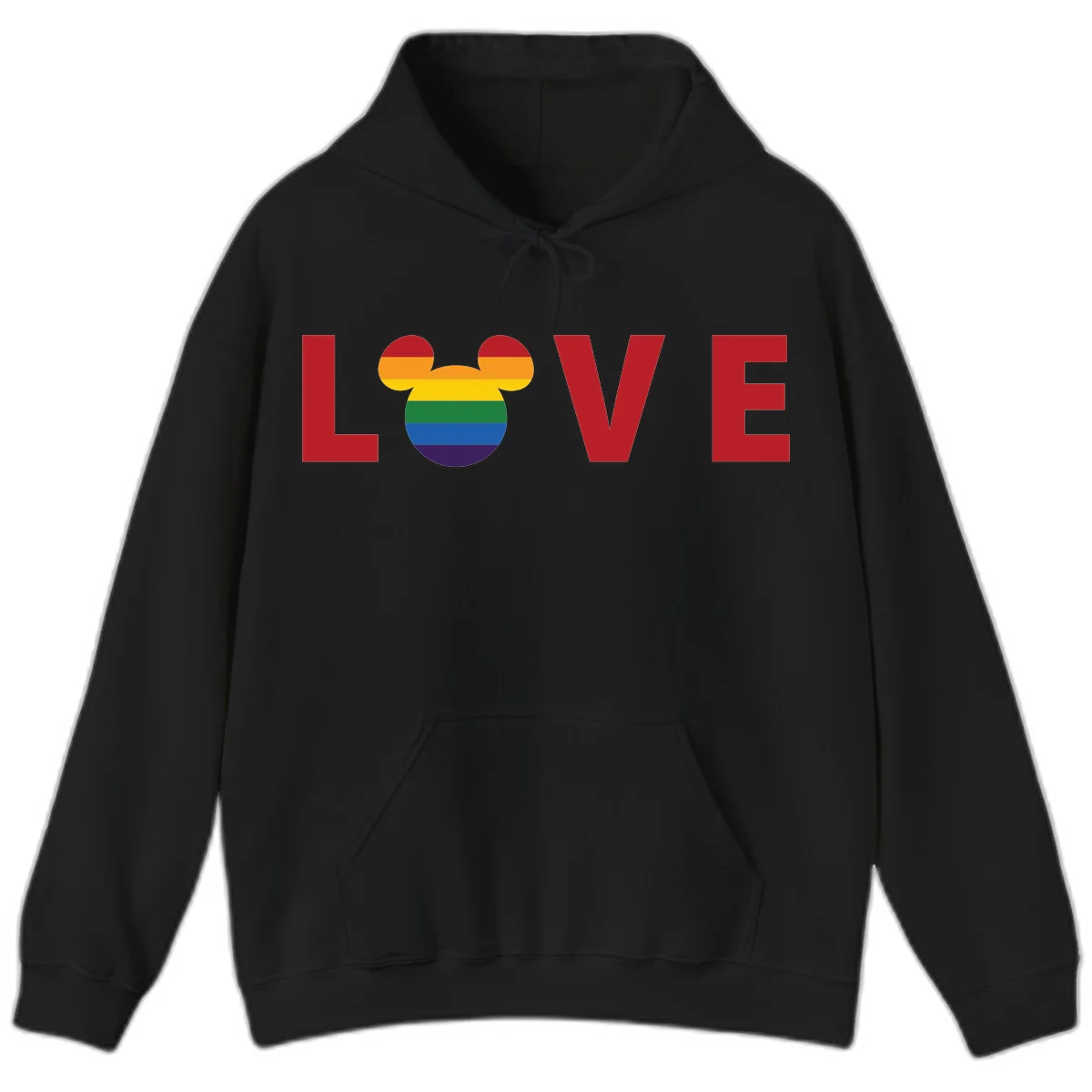 Love Pride Mouse Ears design featuring bold red LOVE text with rainbow-striped Mickey Mouse head combining Disney and LGBTQ Pride imagery in Black