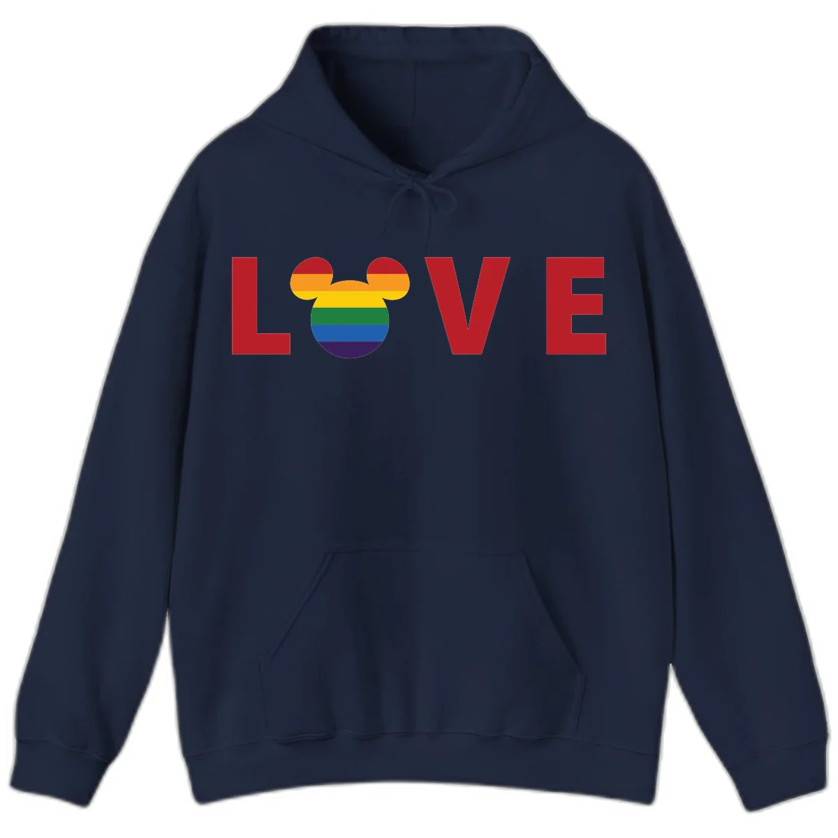 Love Pride Mouse Ears design featuring bold red LOVE text with rainbow-striped Mickey Mouse head combining Disney and LGBTQ Pride imagery in Navy