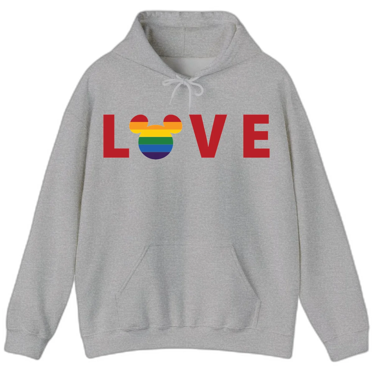Love Pride Mouse Ears design featuring bold red LOVE text with rainbow-striped Mickey Mouse head combining Disney and LGBTQ Pride imagery in Sport Grey