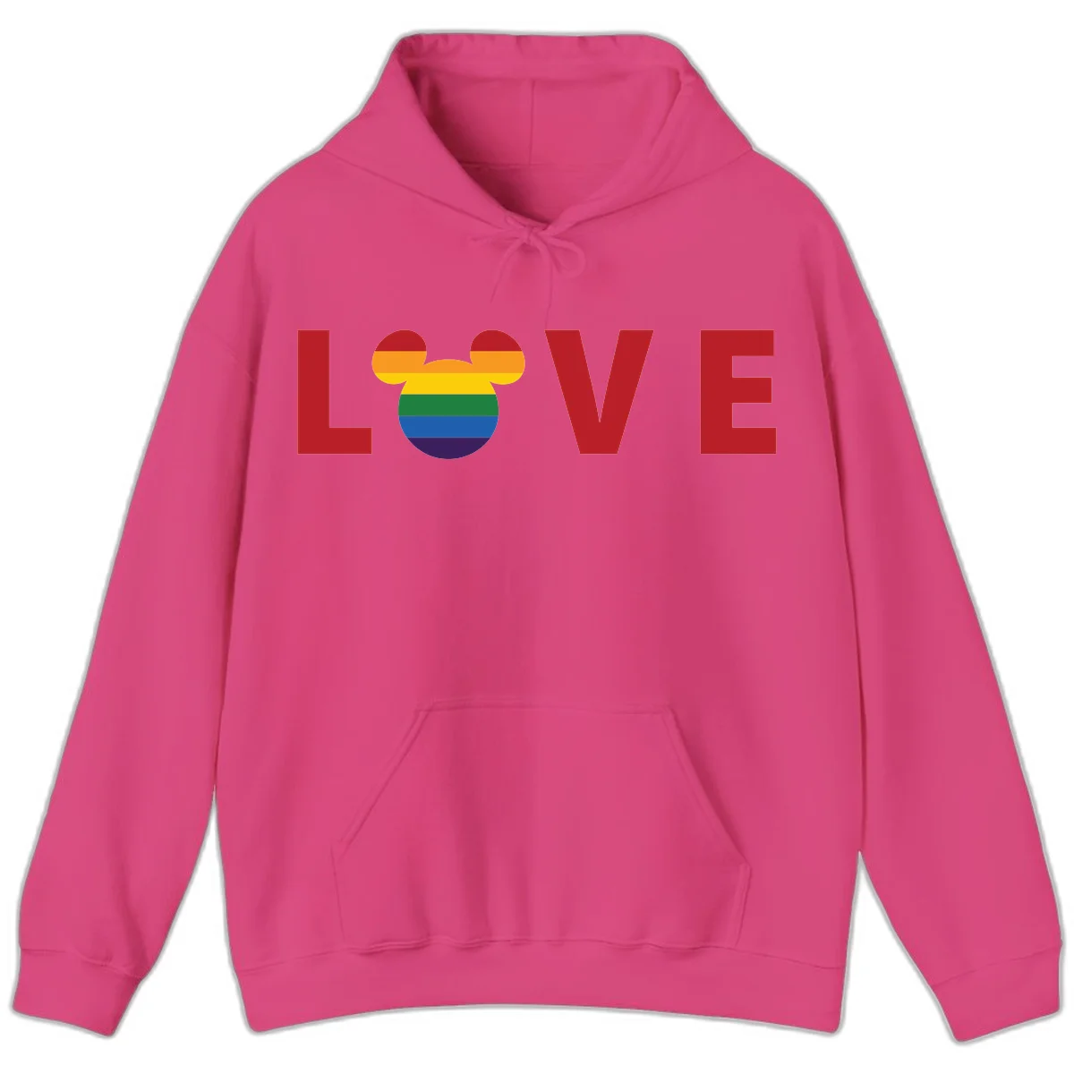 Love Pride Mouse Ears design featuring bold red LOVE text with rainbow-striped Mickey Mouse head combining Disney and LGBTQ Pride imagery in Heliconia