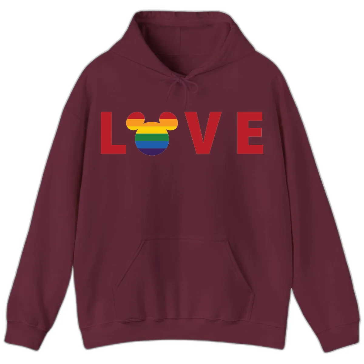 Love Pride Mouse Ears design featuring bold red LOVE text with rainbow-striped Mickey Mouse head combining Disney and LGBTQ Pride imagery in Maroon
