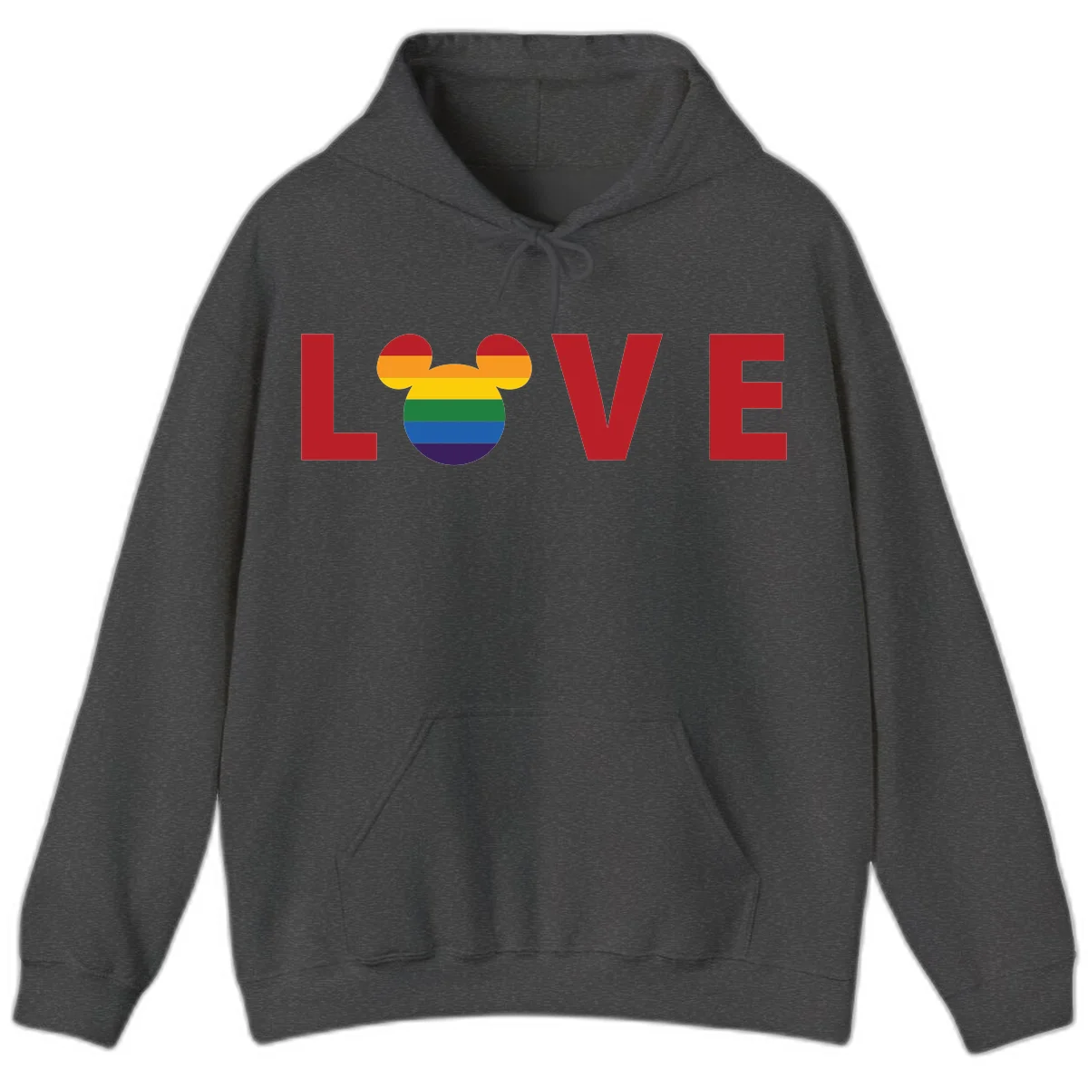 Love Pride Mouse Ears design featuring bold red LOVE text with rainbow-striped Mickey Mouse head combining Disney and LGBTQ Pride imagery in Dark Heather