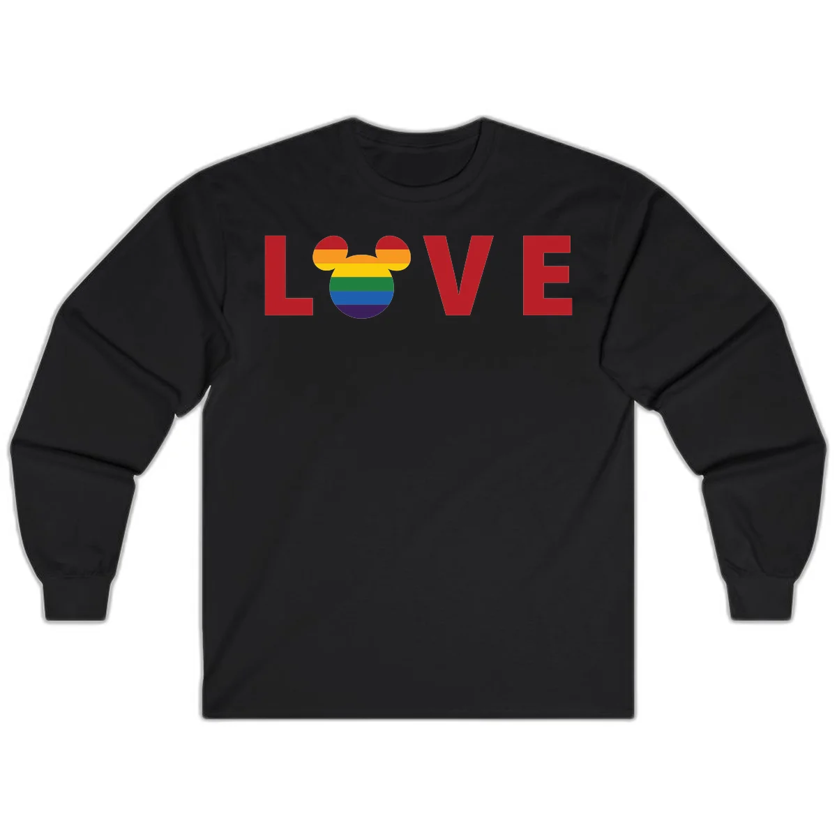 Love Pride Mouse Ears design featuring bold red LOVE text with rainbow-striped Mickey Mouse head combining Disney and LGBTQ Pride imagery in Black