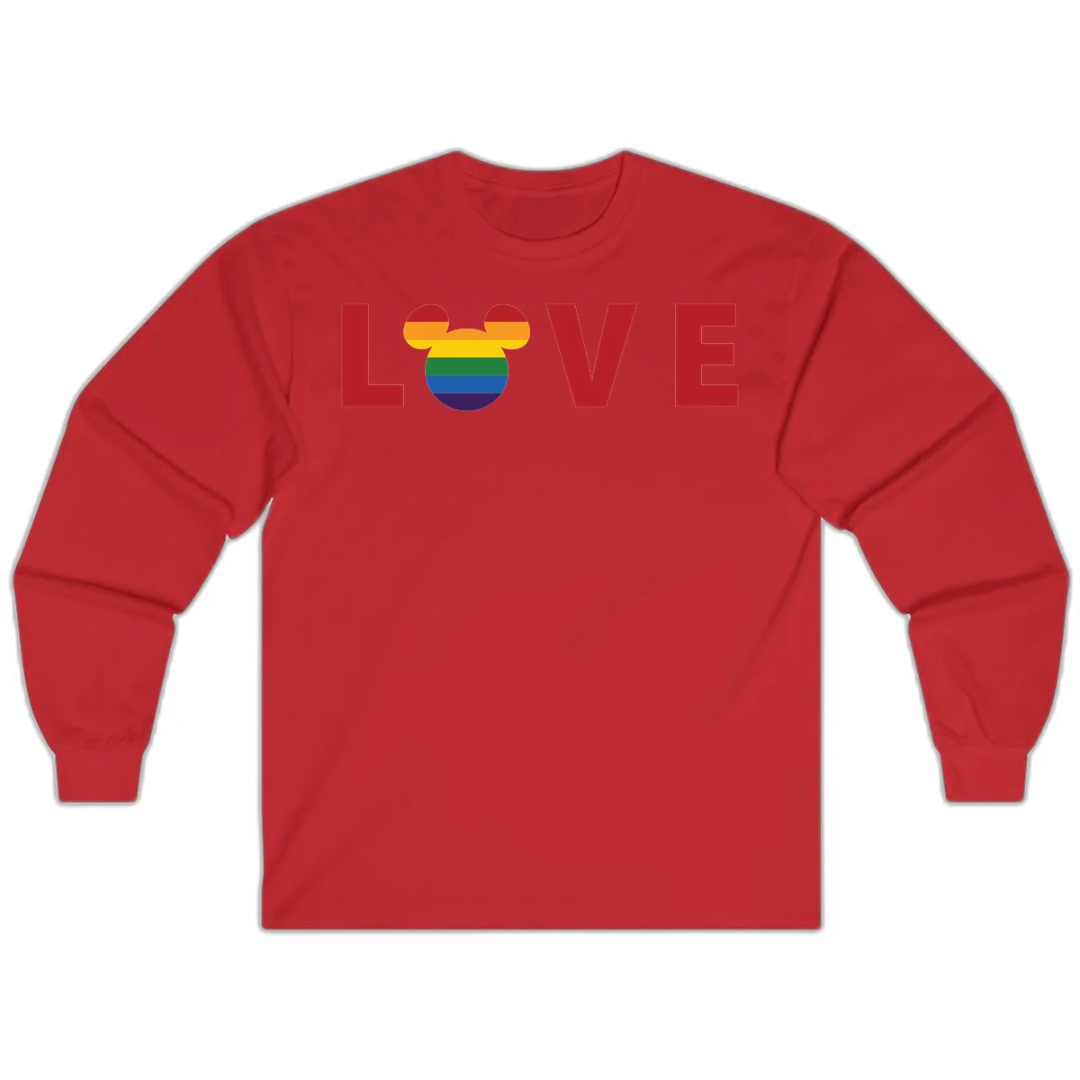Love Pride Mouse Ears design featuring bold red LOVE text with rainbow-striped Mickey Mouse head combining Disney and LGBTQ Pride imagery in Red