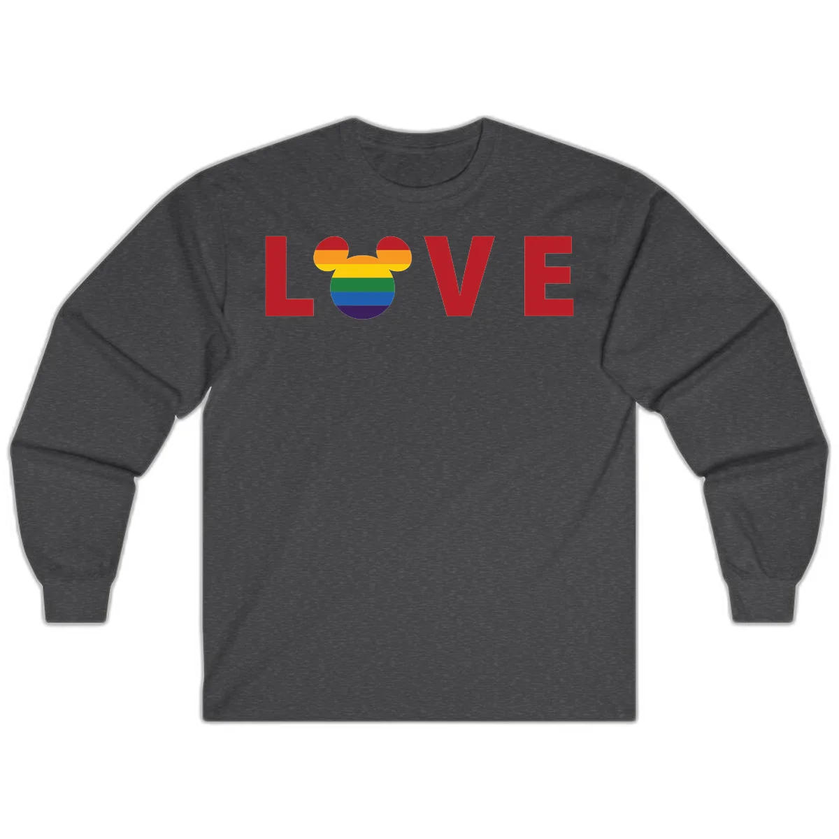 Love Pride Mouse Ears design featuring bold red LOVE text with rainbow-striped Mickey Mouse head combining Disney and LGBTQ Pride imagery in Dark Heather
